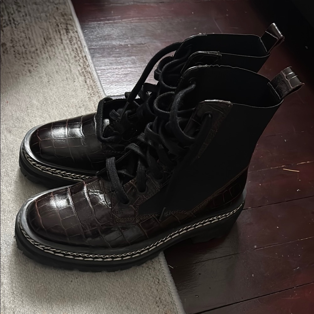 Dark Maroon Croc-Embossed Lace-Up Boots